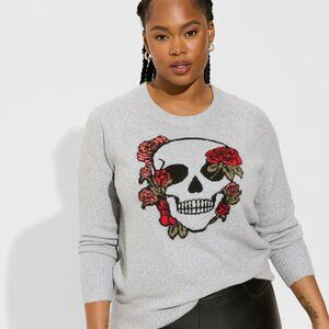 Torrid Rose Skull Vegan Cashmere Pullover Crew Sweater